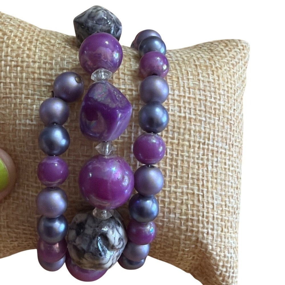 Purple Beaded Memory Wire Wrap Bracelet Iridescent Marbled Stone Multi Strand